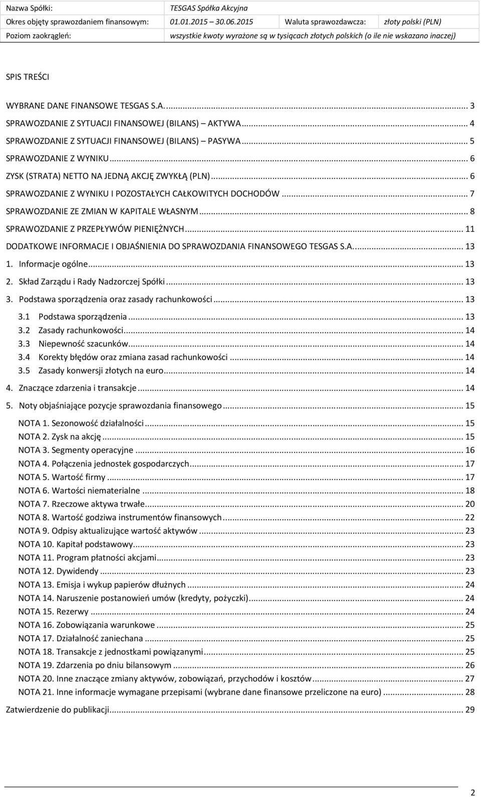 .. 8 SPRAWOZDANIE Z PRZEPŁYWÓW PIENIĘŻNYCH... 11 DODATKOWE INFORMACJE I OBJAŚNIENIA DO SPRAWOZDANIA FINANSOWEGO TESGAS S.A.... 13 1. Informacje ogólne... 13 2. Skład Zarządu i Rady Nadzorczej Spółki.