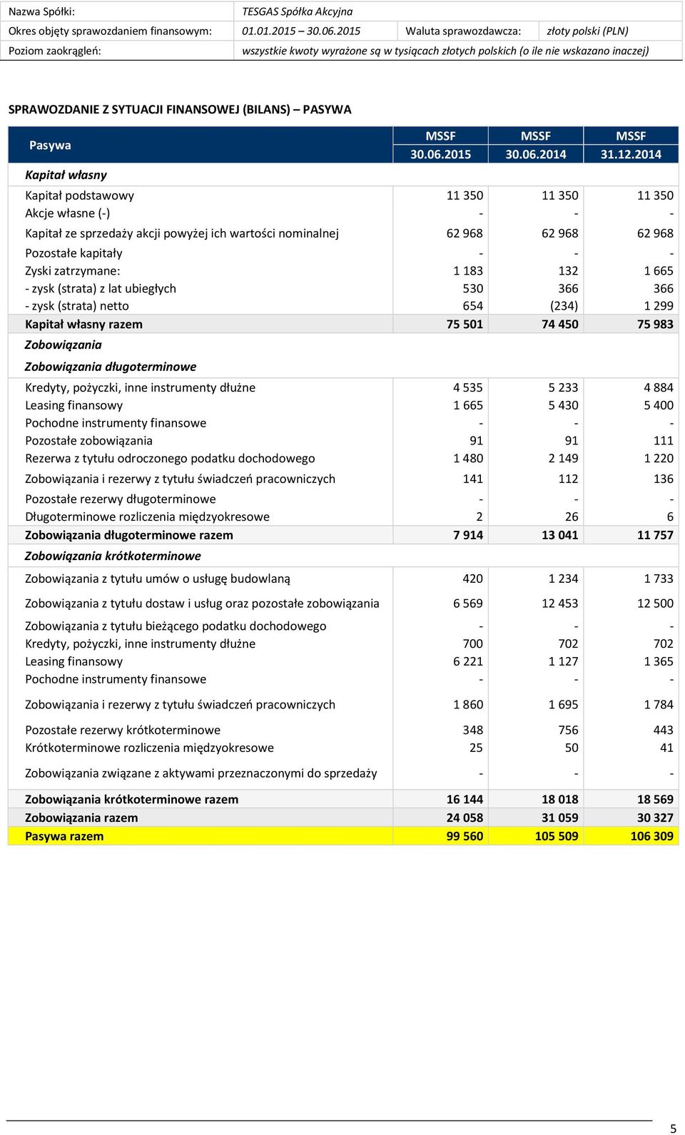 74 450 75 983 Zobowiązania Zobowiązania długoterminowe Kredyty, pożyczki, inne instrumenty dłużne 4535 5233 4884 Leasing finansowy 1665 5430 5400 Pochodne instrumenty finansowe - - - Pozostałe