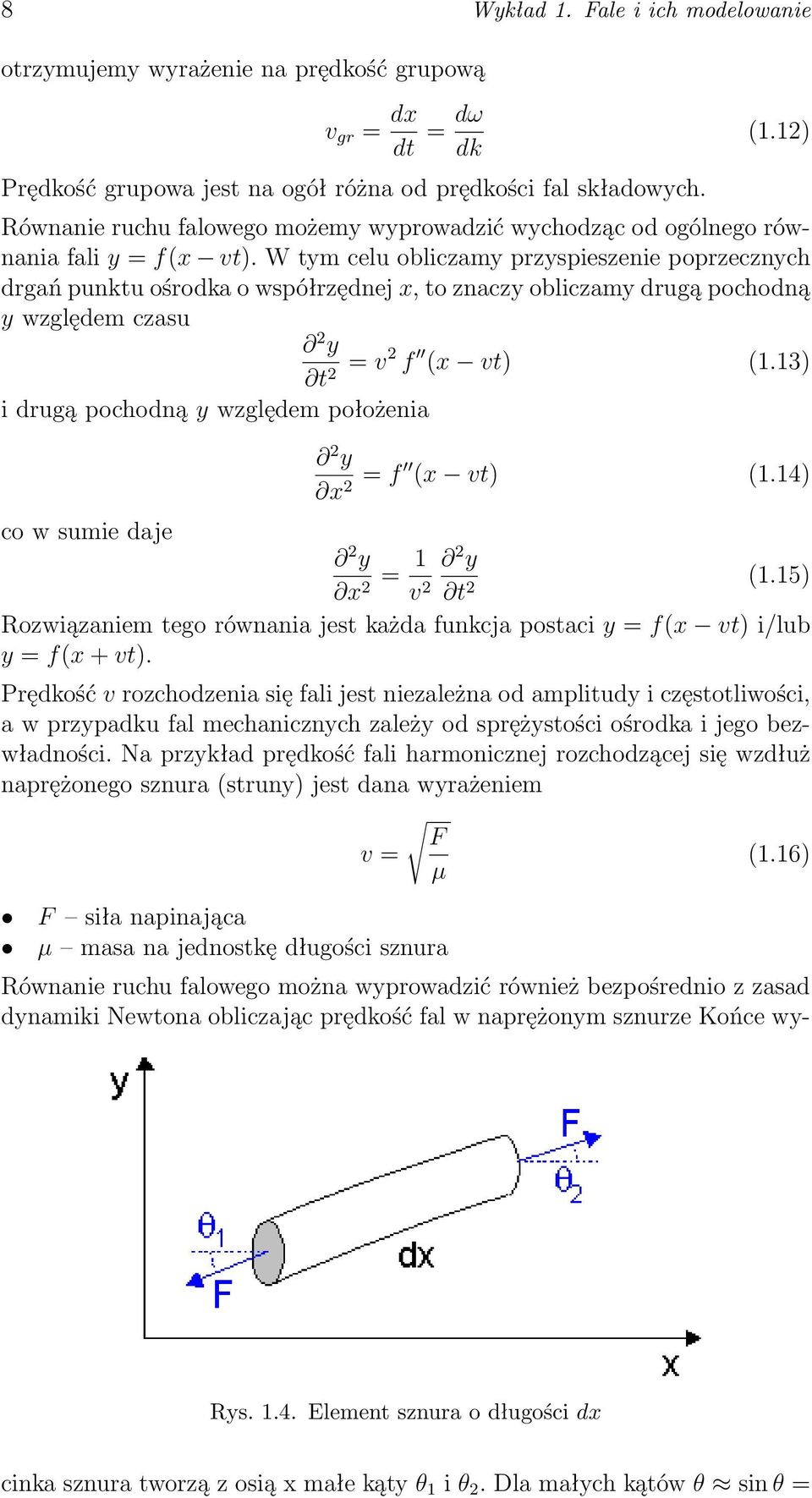 W tym celu obliczamy przyspieszenie poprzecznych drgań punktu ośrodka o współrzędnej x, to znaczy obliczamy drugą pochodną y względem czasu 2 y t 2 = v2 f (x vt) (1.