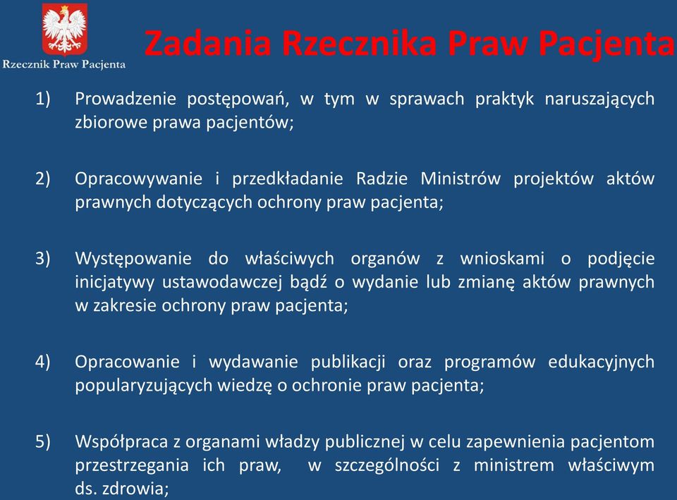 wydanie lub zmianę aktów prawnych w zakresie ochrony praw pacjenta; 4) Opracowanie i wydawanie publikacji oraz programów edukacyjnych popularyzujących wiedzę o