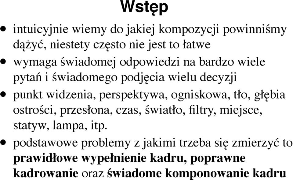 ogniskowa, tło, głębia ostrości, przesłona, czas, światło, filtry, miejsce, statyw, lampa, itp.