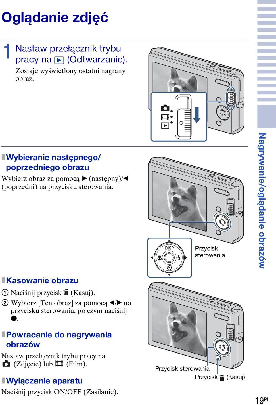 Przycisk sterowania Nagrywanie/oglądanie obrazów x Kasowanie obrazu Naciśnij przycisk (Kasuj).