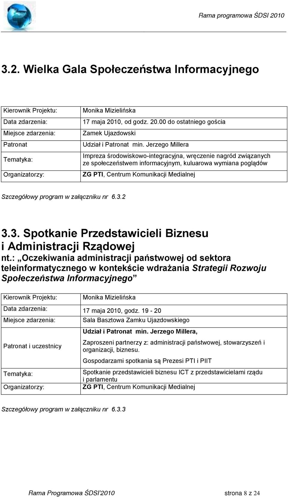 Jerzego Millera Impreza środowiskowo-integracyjna, wręczenie nagród związanych ze społeczeństwem informacyjnym, kuluarowa wymiana poglądów ZG PTI, Centrum Komunikacji Medialnej Szczegółowy program w