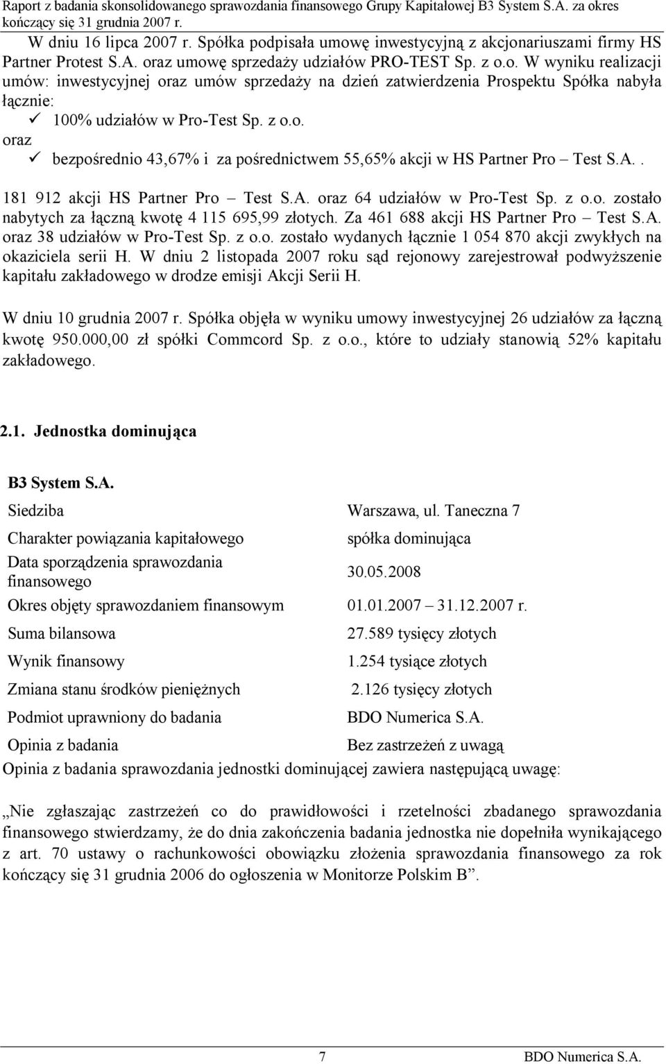 Za 461 688 akcji HS Partner Pro Test S.A. oraz 38 udziałów w Pro-Test Sp. z o.o. zostało wydanych łącznie 1 054 870 akcji zwykłych na okaziciela serii H.