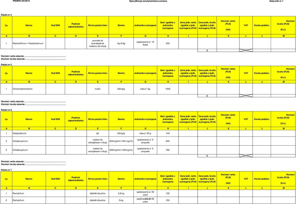 brutto słownie: Pakiet nr 6 brutto 1 Ketoprofenum żel 25mg/g tuba a` 60 g 140 2 Clindamycinum roztwór do wstrzykiwań i infuzji 300mg/2ml (150 mg/ml) opakowanie a` 5