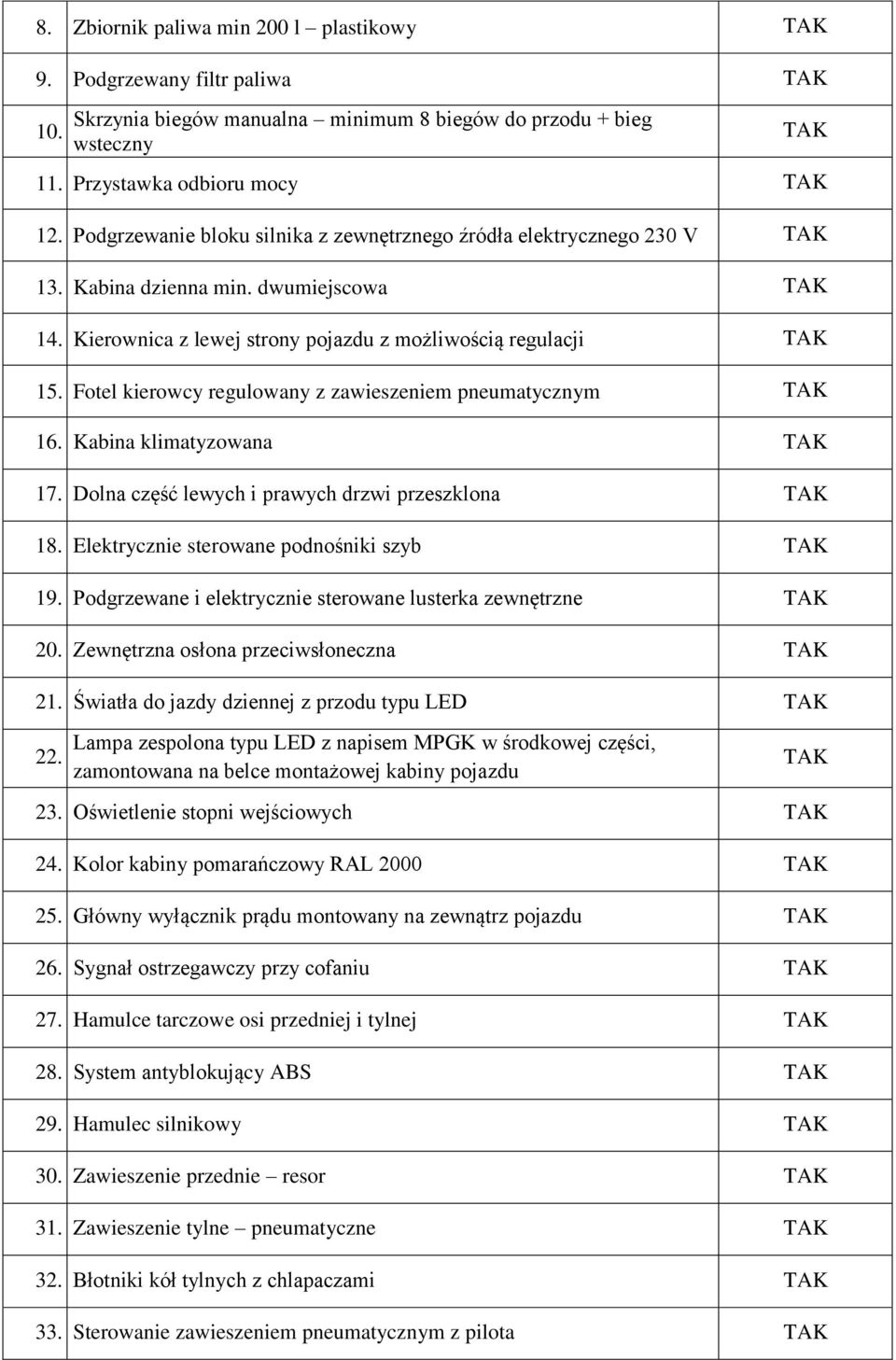 Fotel kierowcy regulowany z zawieszeniem pneumatycznym 16. Kabina klimatyzowana 17. Dolna część lewych i prawych drzwi przeszklona 18. Elektrycznie sterowane podnośniki szyb 19.