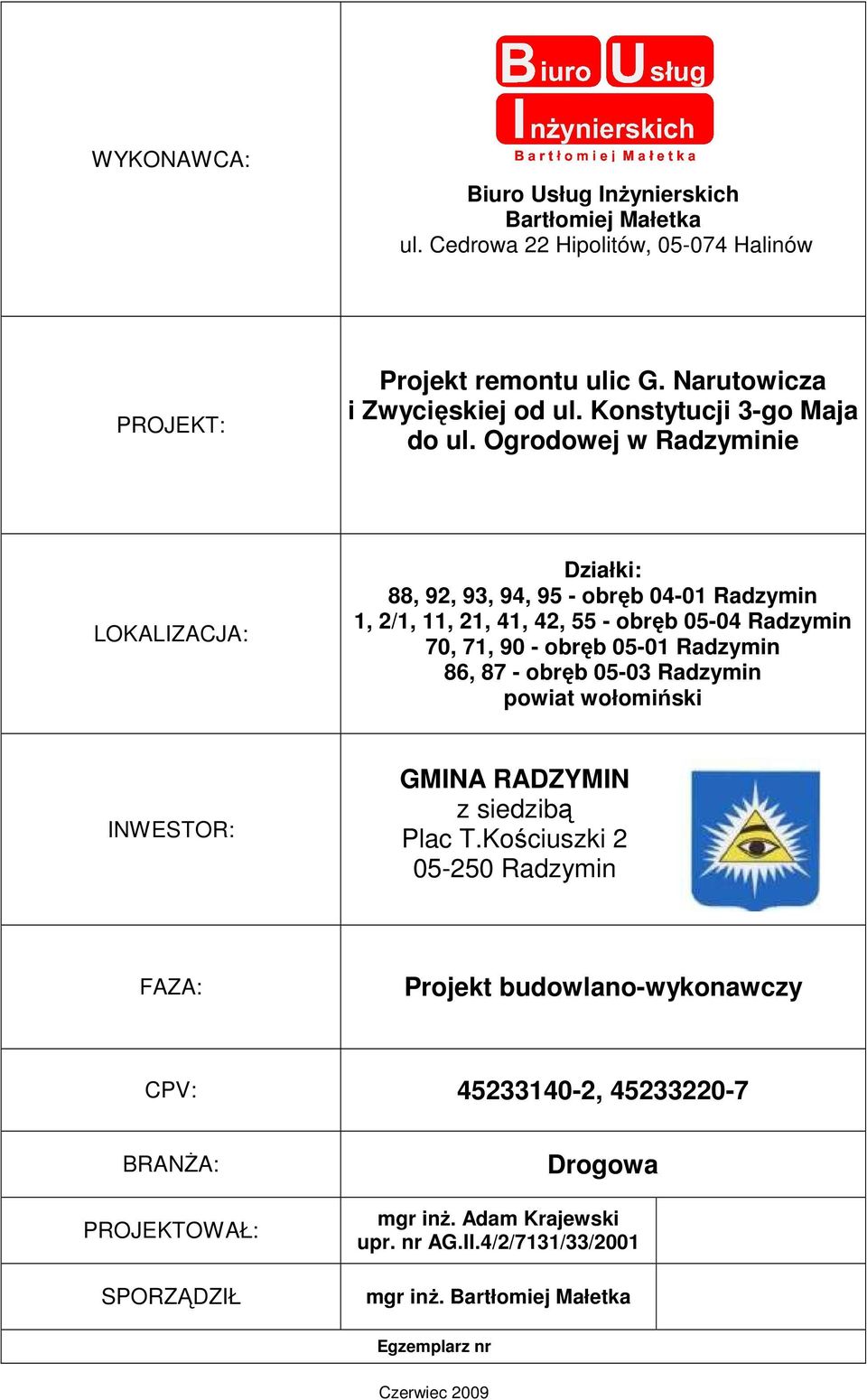 Ogrodowej w Radzyminie LOKALIZACJA: Działki: 88, 92, 93, 94, 95 - obręb 04-01 Radzymin 1, 2/1, 11, 21, 41, 42, 55 - obręb 05-04 Radzymin 70, 71, 90 - obręb 05-01 Radzymin