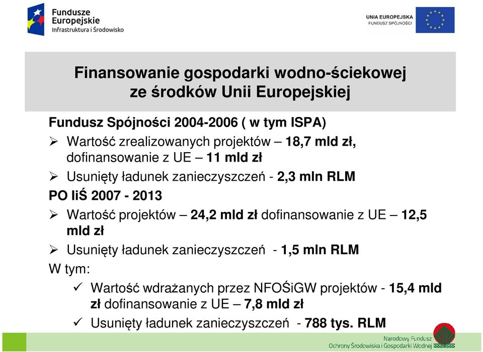 2007-2013 Wartość projektów 24,2 mld zł dofinansowanie z UE 12,5 mld zł Usunięty ładunek zanieczyszczeń - 1,5 mln RLM W tym: