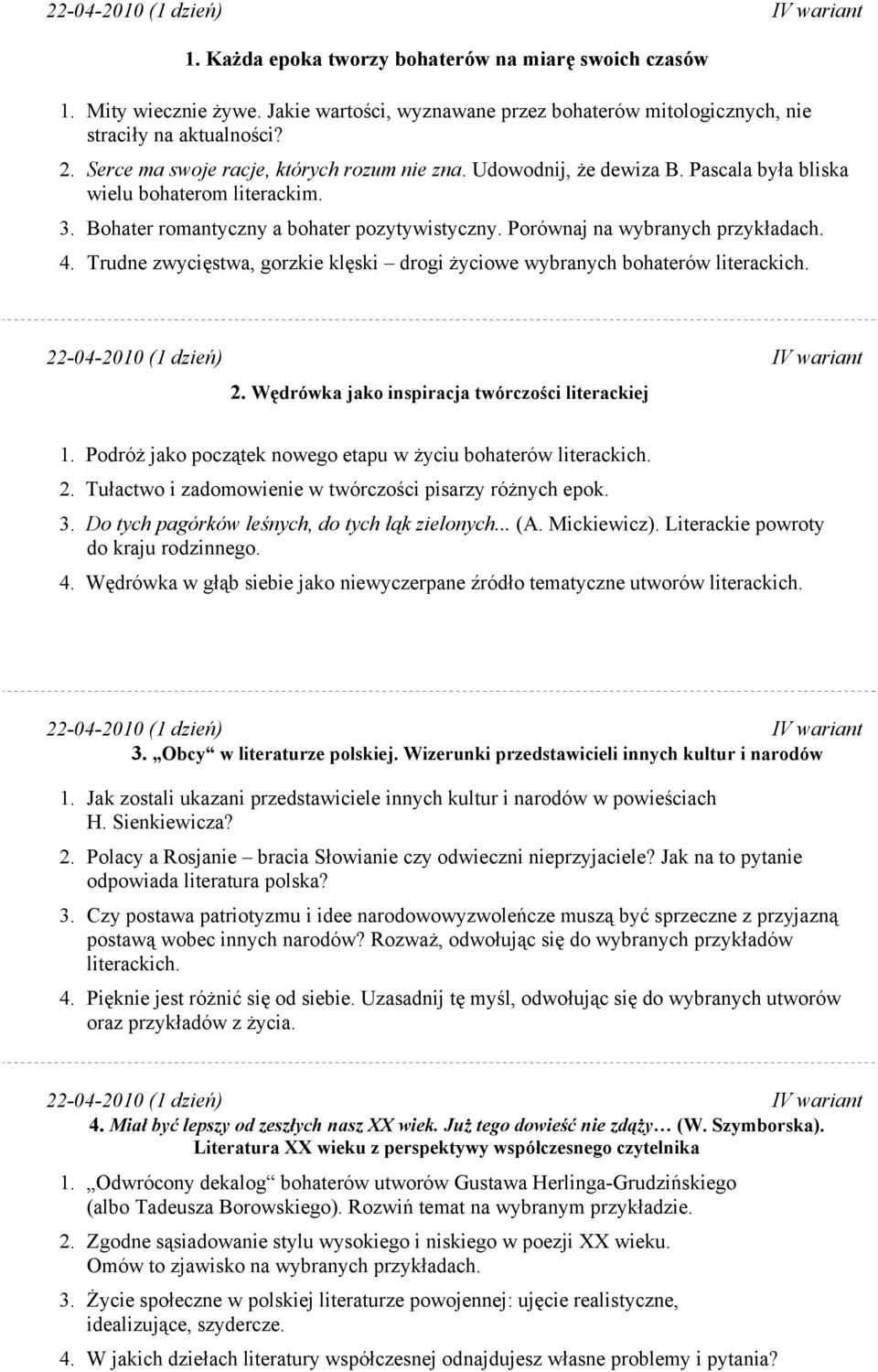 Trudne zwycięstwa, gorzkie klęski drogi życiowe wybranych bohaterów literackich. 22-04-2010 (1 dzień) IV wariant 1. Podróż jako początek nowego etapu w życiu bohaterów literackich. 2. Tułactwo i zadomowienie w twórczości pisarzy różnych epok.