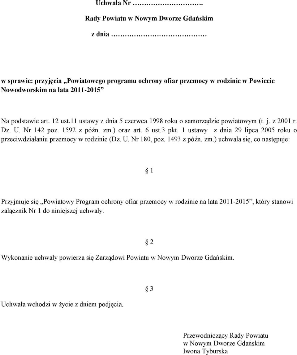 rodzinie (Dz U Nr 80, poz 493 z późn zm) uchwala się, co następuje: Przyjmuje się Powiatowy Program ochrony ofiar przemocy w rodzinie na lata 20-205, który stanowi załącznik Nr do