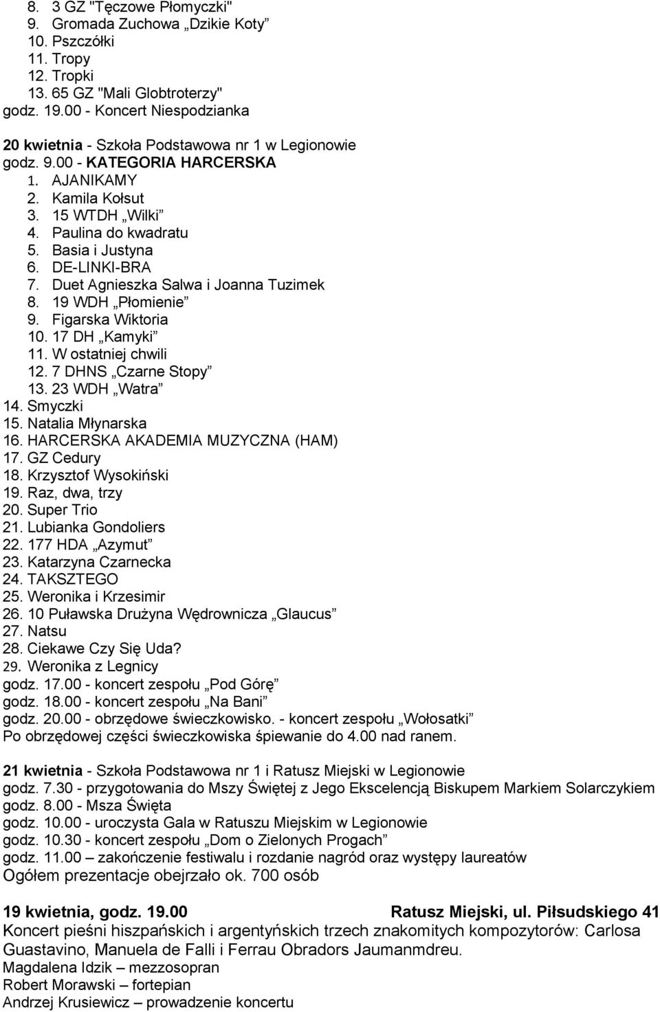 Basia i Justyna 6. DE-LINKI-BRA 7. Duet Agnieszka Salwa i Joanna Tuzimek 8. 19 WDH Płomienie 9. Figarska Wiktoria 10. 17 DH Kamyki 11. W ostatniej chwili 12. 7 DHNS Czarne Stopy 13. 23 WDH Watra 14.