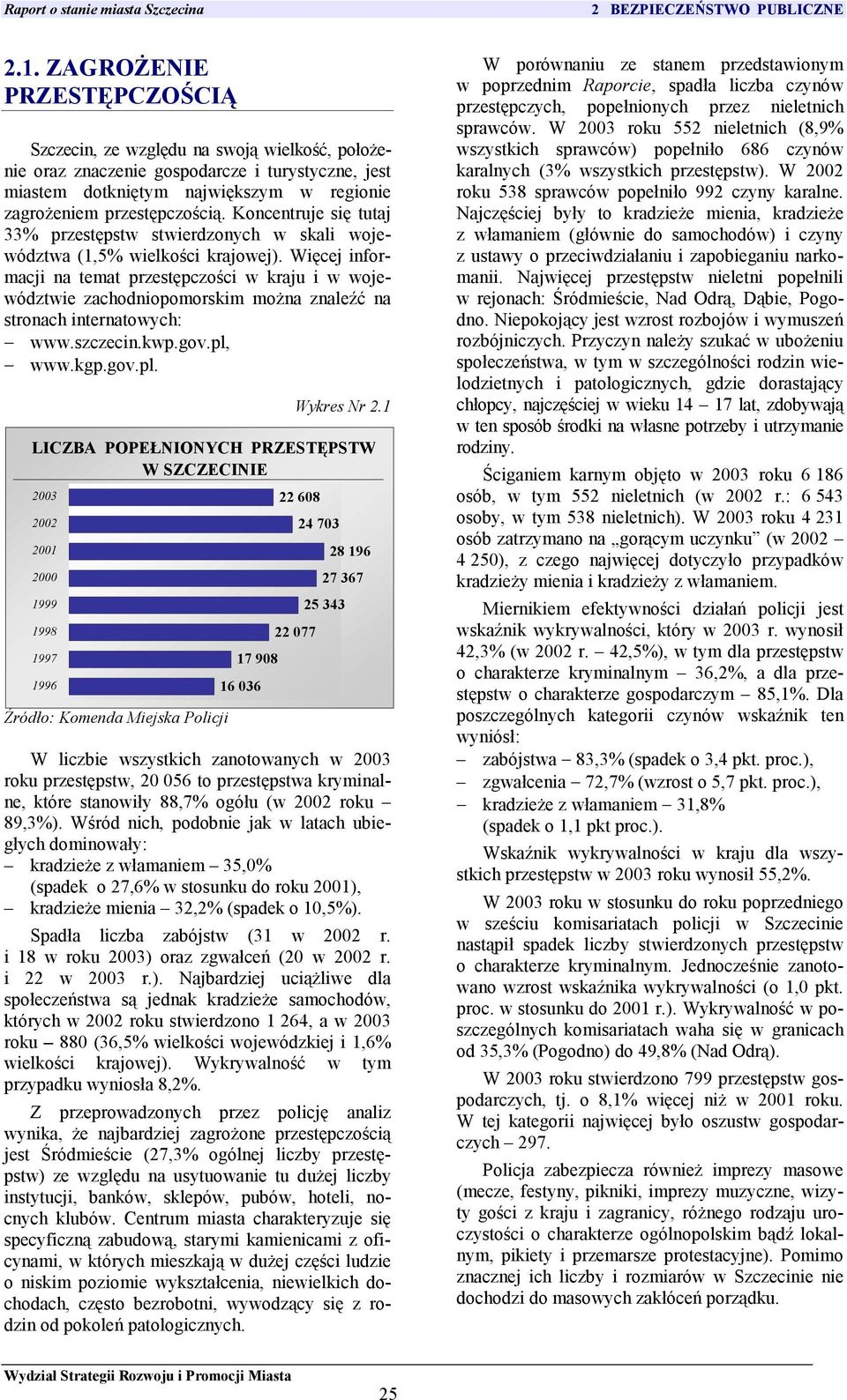 Więcej informacji na temat przestępczości w kraju i w województwie zachodniopomorskim można znaleźć na stronach internatowych: www.szczecin.kwp.gov.pl, www.kgp.gov.pl. Źródło: Komenda Miejska Policji Wykres Nr 2.