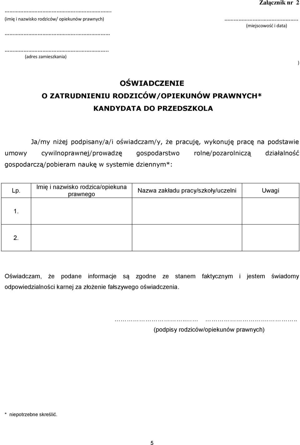 podstawie umowy cywilnoprawnej/prowadzę gospodarstwo rolne/pozarolniczą działalność gospodarczą/pobieram naukę w systemie dziennym*: Lp.