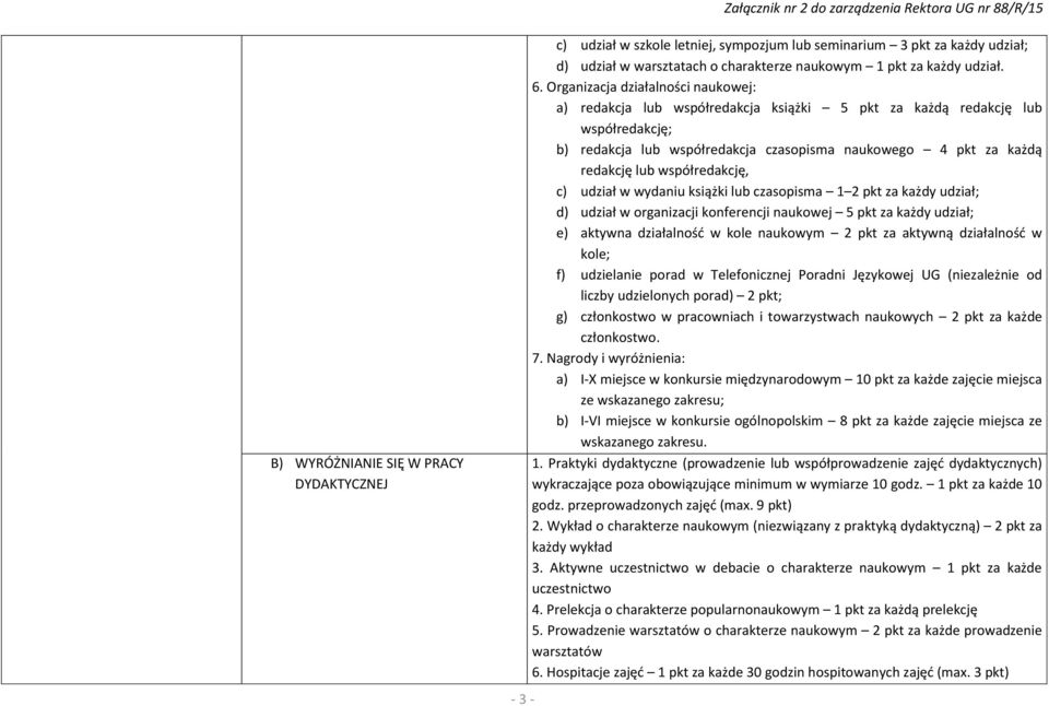 współredakcję, c) udział w wydaniu książki lub czasopisma 1 2 pkt za każdy udział; d) udział w organizacji konferencji naukowej 5 pkt za każdy udział; e) aktywna działalność w kole naukowym 2 pkt za