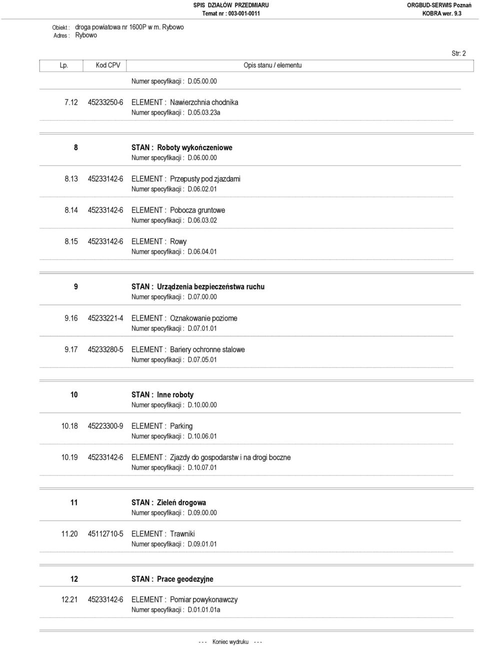 14 45233142-6 ELEMENT : Pobocza gruntowe Numer specyfikacji : D.06.03.02 8.15 45233142-6 ELEMENT : Rowy Numer specyfikacji : D.06.04.01 9 STAN : Urządzenia bezpieczeństwa ruchu Numer specyfikacji : D.