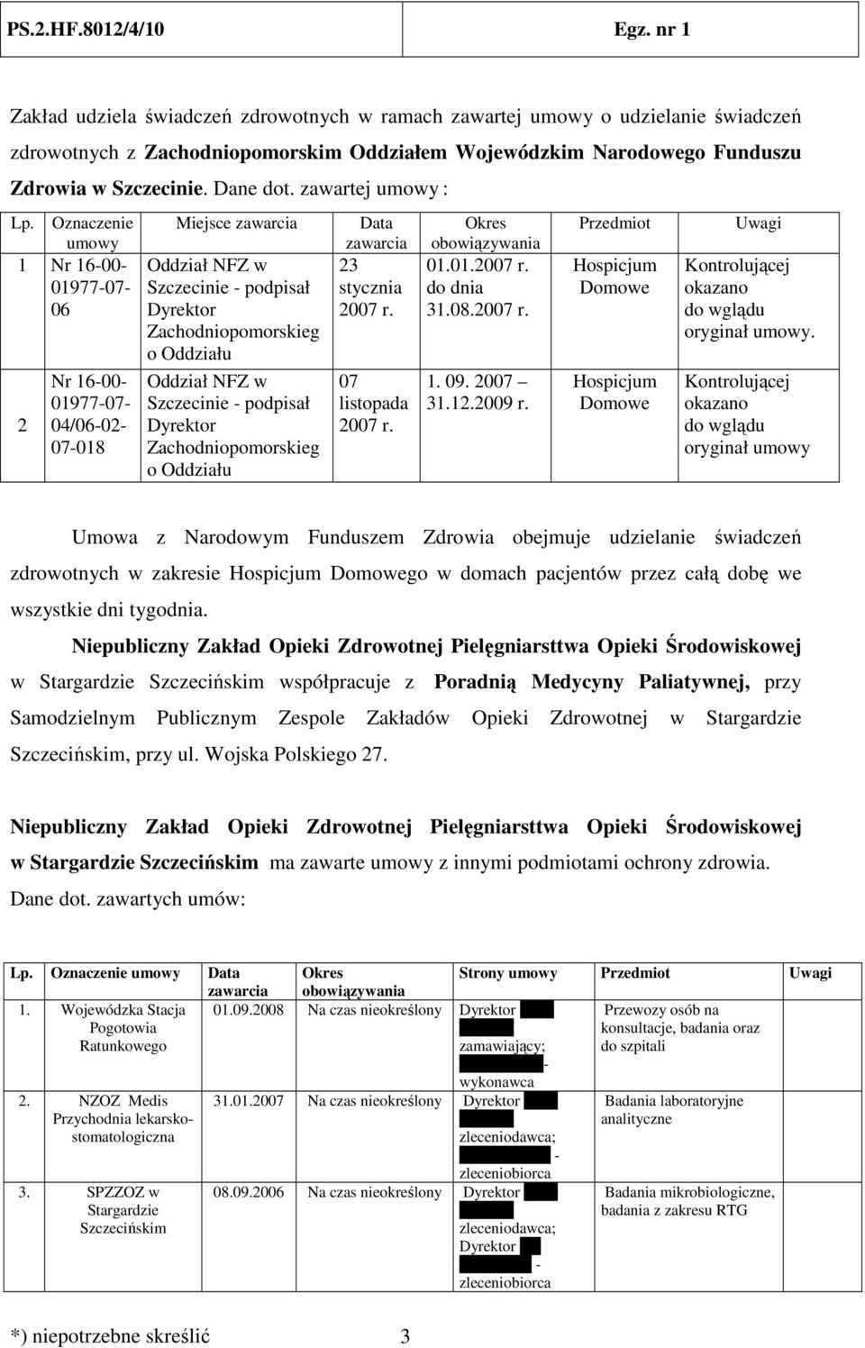 Oznaczenie umowy 1 Nr 16-00- 01977-07- 06 2 Nr 16-00- 01977-07- 04/06-02- 07-018 Miejsce zawarcia Oddział NFZ w Szczecinie - podpisał Dyrektor Zachodniopomorskieg o Oddziału Oddział NFZ w Szczecinie