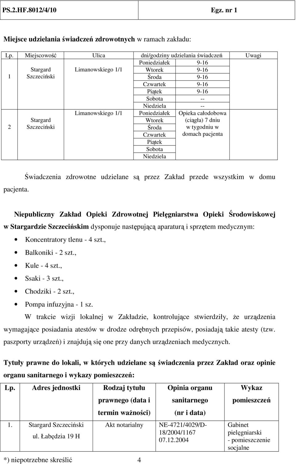 Limanowskiego 1/1 Niedziela -- Poniedziałek Wtorek Środa Czwartek Piątek Sobota Niedziela Opieka całodobowa (ciągła) 7 dniu w tygodniu w domach pacjenta pacjenta.