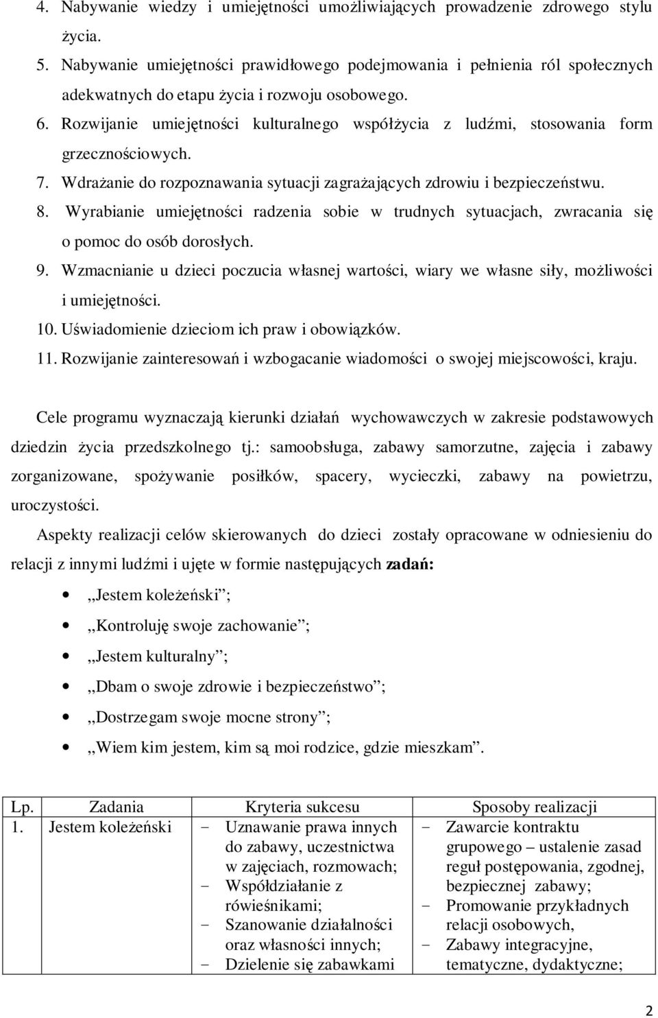 Rozwijanie umiejętności kulturalnego współżycia z ludźmi, stosowania form grzecznościowych. 7. Wdrażanie do rozpoznawania sytuacji zagrażających zdrowiu i bezpieczeństwu. 8.