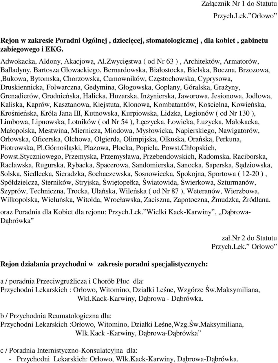 Cyprysowa, Druskiennicka, Folwarczna, Gedymina, Głogowska, Goplany, Góralska, Grażyny, Grenadierów, Grodnieńska, Halicka, Huzarska, Inżynierska, Jaworowa, Jesionowa, Jodłowa, Kaliska, Kaprów,