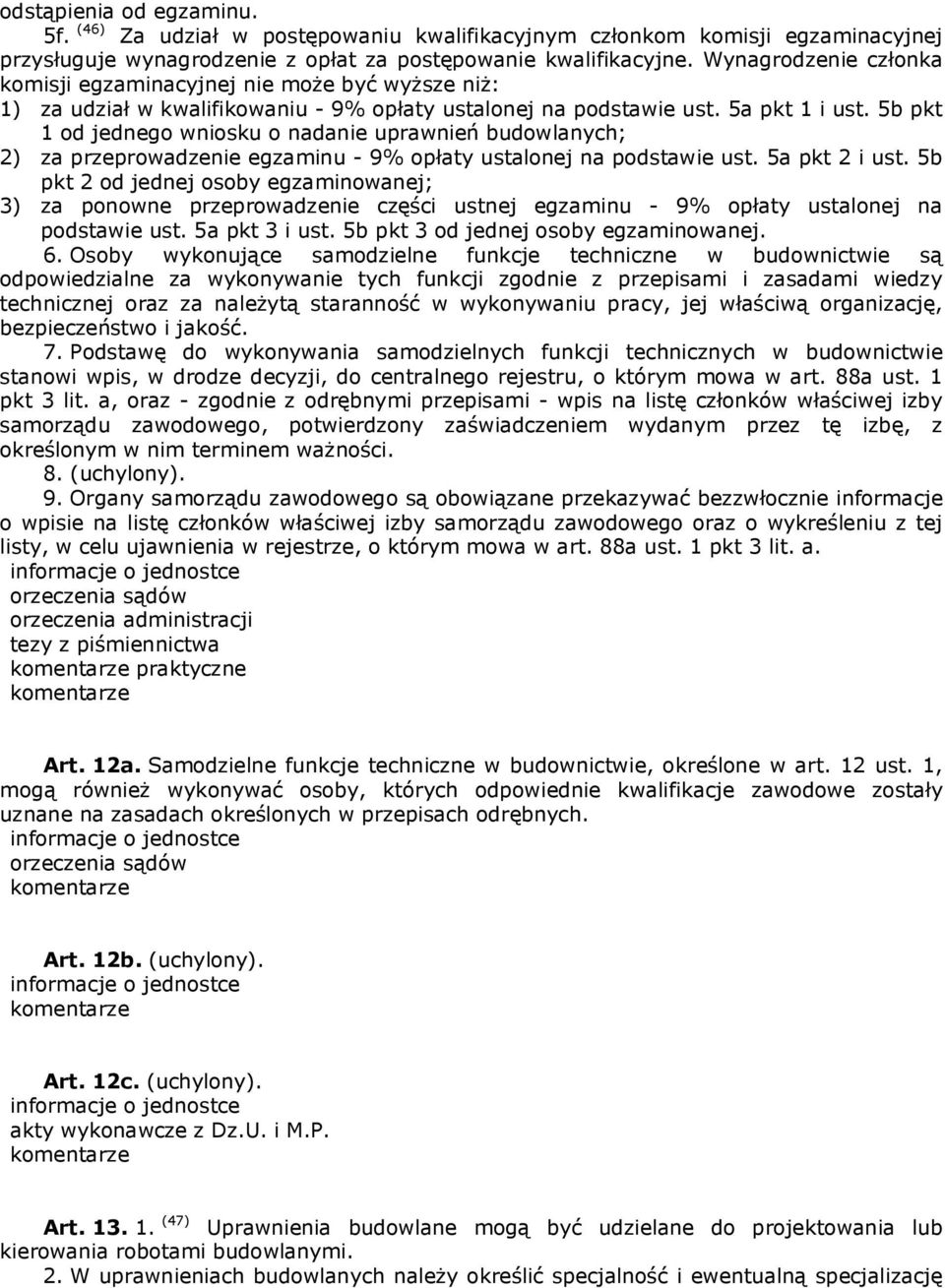 5b pkt 1 od jednego wniosku o nadanie uprawnień budowlanych; 2) za przeprowadzenie egzaminu - 9% opłaty ustalonej na podstawie ust. 5a pkt 2 i ust.