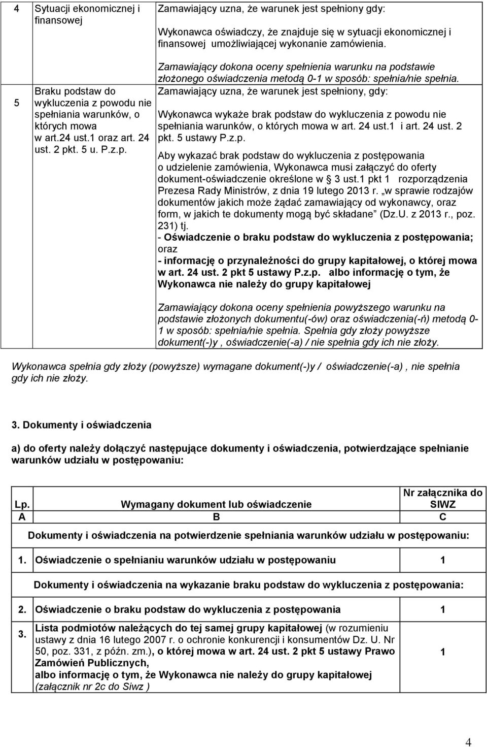 Zamawiający uzna, że warunek jest spełniony, gdy: Wykonawca wykaże brak podstaw do wykluczenia z powodu nie spełniania warunków, o których mowa w art. 24 ust.1 i art. 24 ust. 2 pkt. 5 ustawy P.z.p. Aby wykazać brak podstaw do wykluczenia z postępowania o udzielenie zamówienia, Wykonawca musi załączyć do oferty dokument-oświadczenie określone w 3 ust.