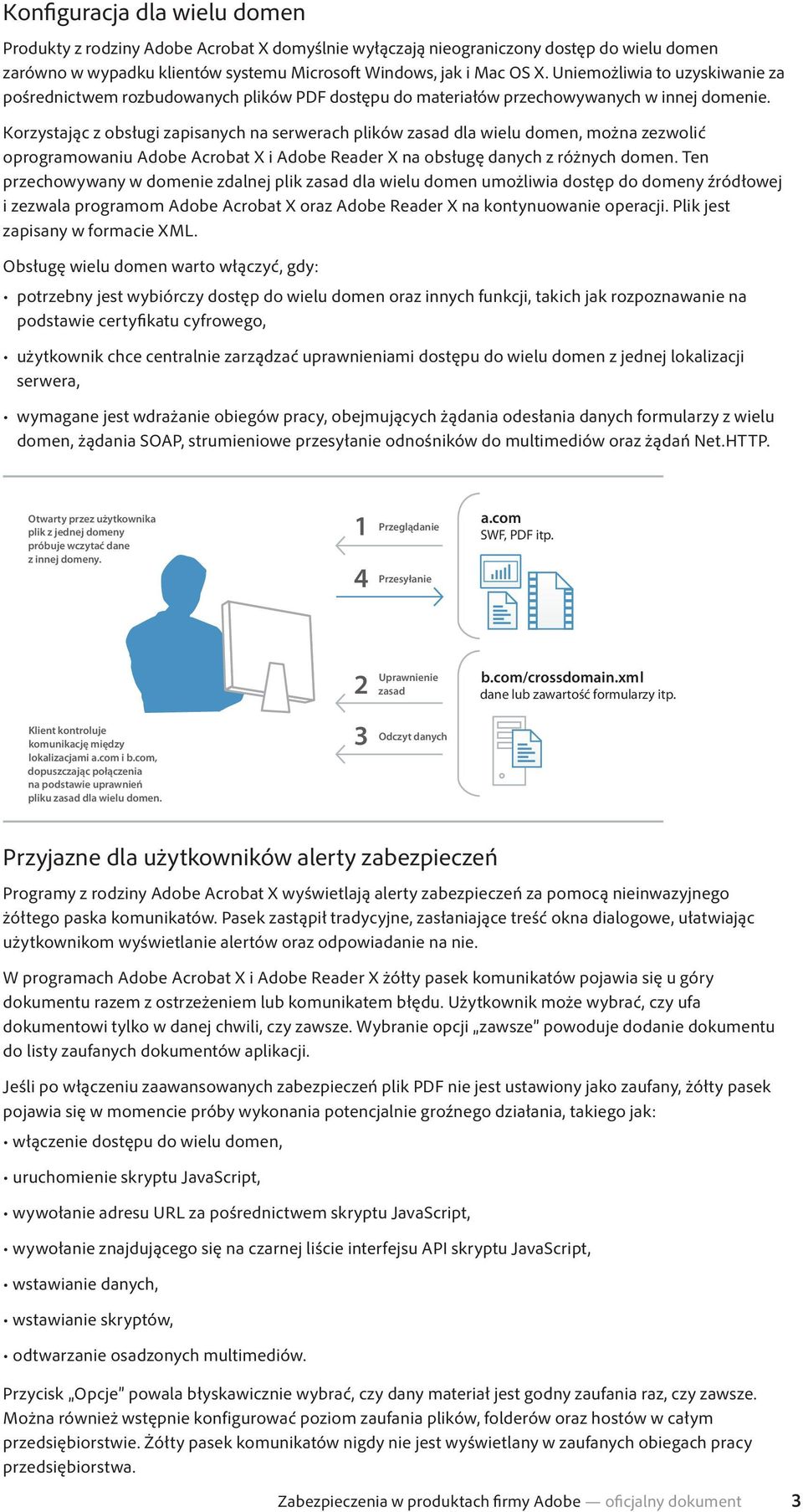 Korzystając z obsługi zapisanych na serwerach plików zasad dla wielu domen, można zezwolić oprogramowaniu Adobe Acrobat X i Adobe Reader X na obsługę danych z różnych domen.