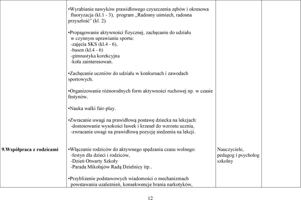 Zachęcanie uczniów do udziału w konkursach i zawodach sportowych. Organizowanie różnorodnych form aktywności ruchowej np. w czasie festynów. Nauka walki fair-play.