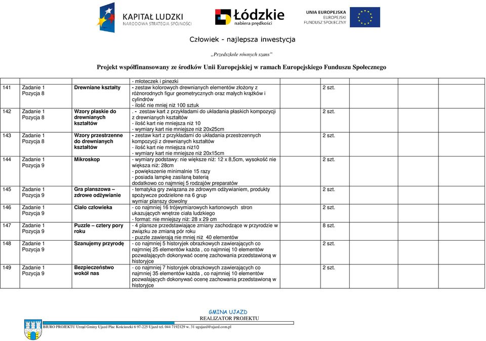 Bezpieczeństwo wokół nas - młoteczek i pinezki - zestaw kolorowych drewnianych elementów złożony z różnorodnych figur geometrycznych oraz małych krążków i cylindrów - ilość nie mniej niż 100 sztuk.