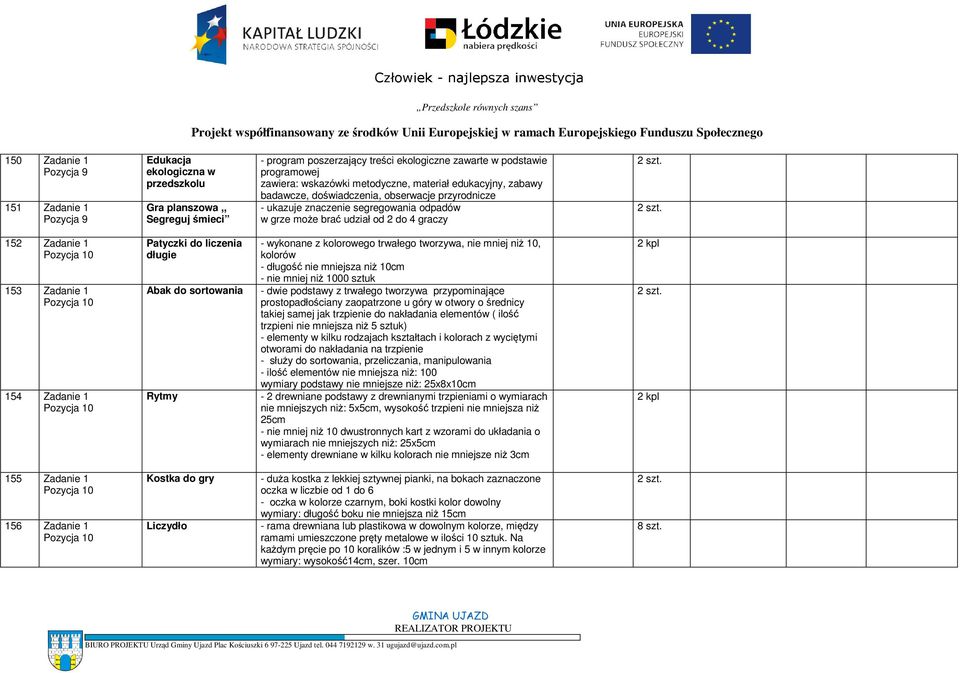 Zadanie 1 154 Zadanie 1 Patyczki do liczenia długie Abak do sortowania Rytmy - wykonane z kolorowego trwałego tworzywa, nie mniej niż 10, kolorów - długość nie mniejsza niż 10cm - nie mniej niż 1000