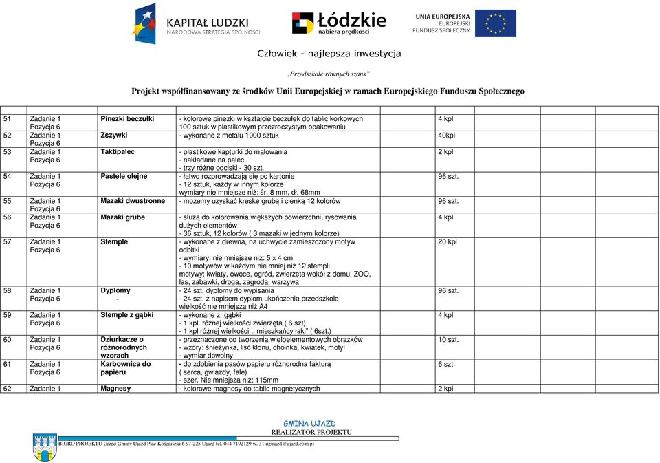 różne odciski - 30 szt. Pastele olejne - łatwo rozprowadzają się po kartonie 96 szt. - 12 sztuk, każdy w innym kolorze wymiary nie mniejsze niż: śr. 8 mm, dł.