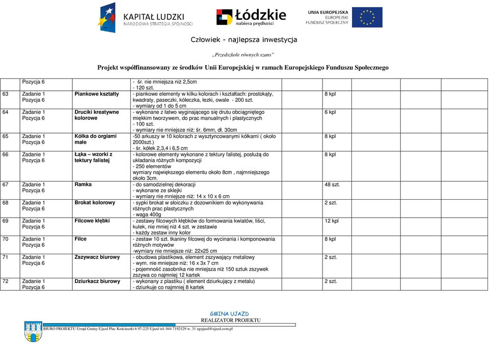 Łąka wzorki z tektury falistej Ramka Brokat kolorowy Filcowe kłębki Filce Zszywacz biurowy Dziurkacz biurowy - piankowe elementy w kilku kolorach i kształtach: prostokąty, kwadraty, paseczki,