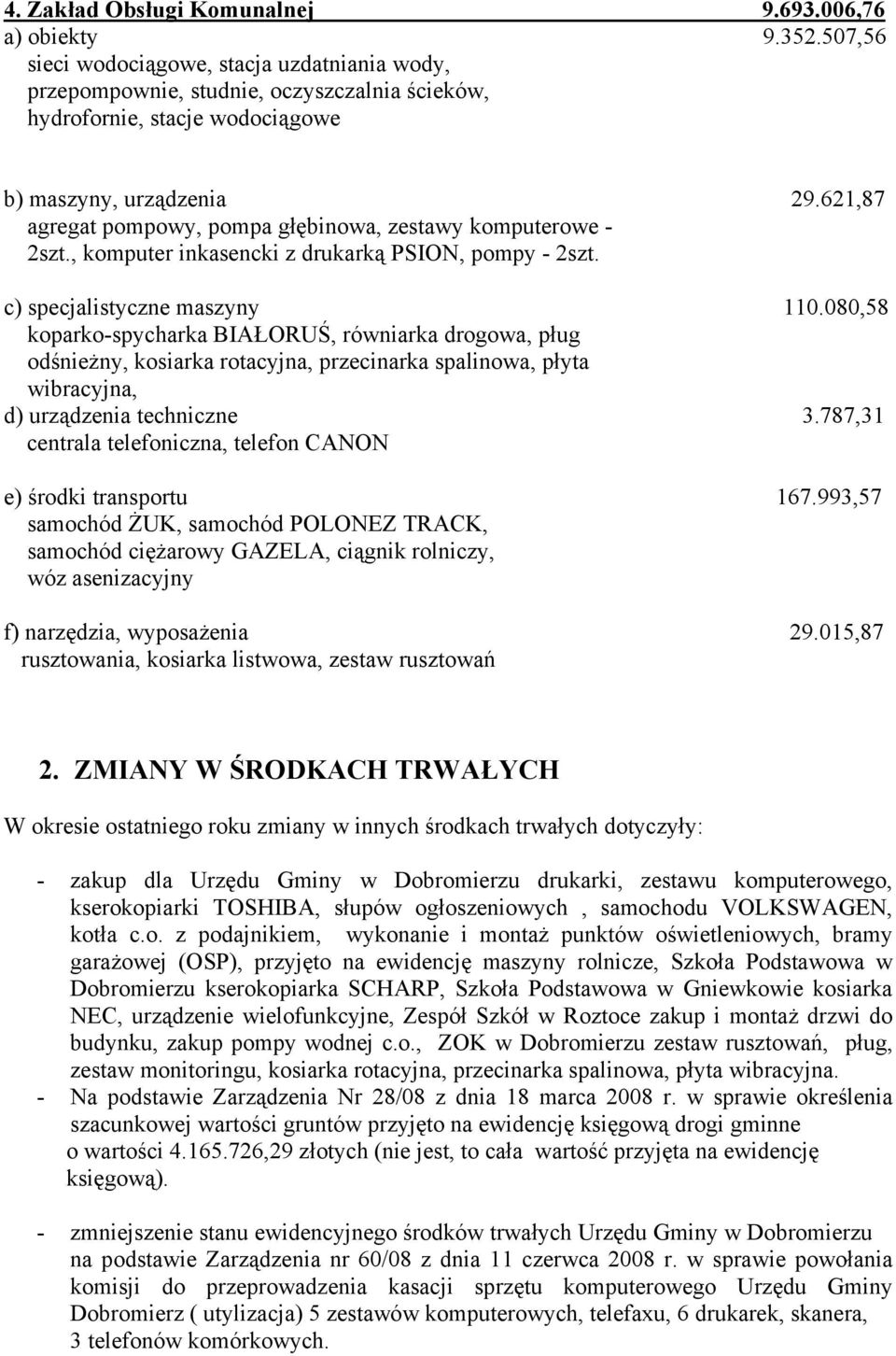 621,87 agregat pompowy, pompa głębinowa, zestawy komputerowe - 2szt., komputer inkasencki z drukarką PSION, pompy - 2szt. c) specjalistyczne maszyny 110.