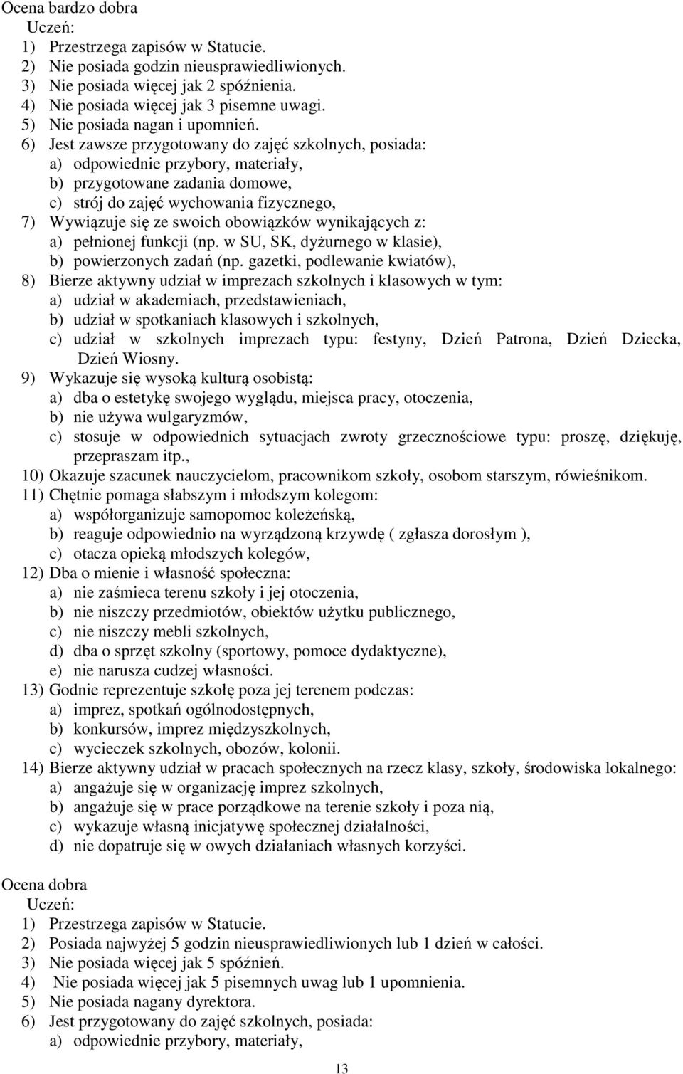 6) Jest zawsze przygotowany do zajęć szkolnych, posiada: a) odpowiednie przybory, materiały, b) przygotowane zadania domowe, c) strój do zajęć wychowania fizycznego, 7) Wywiązuje się ze swoich