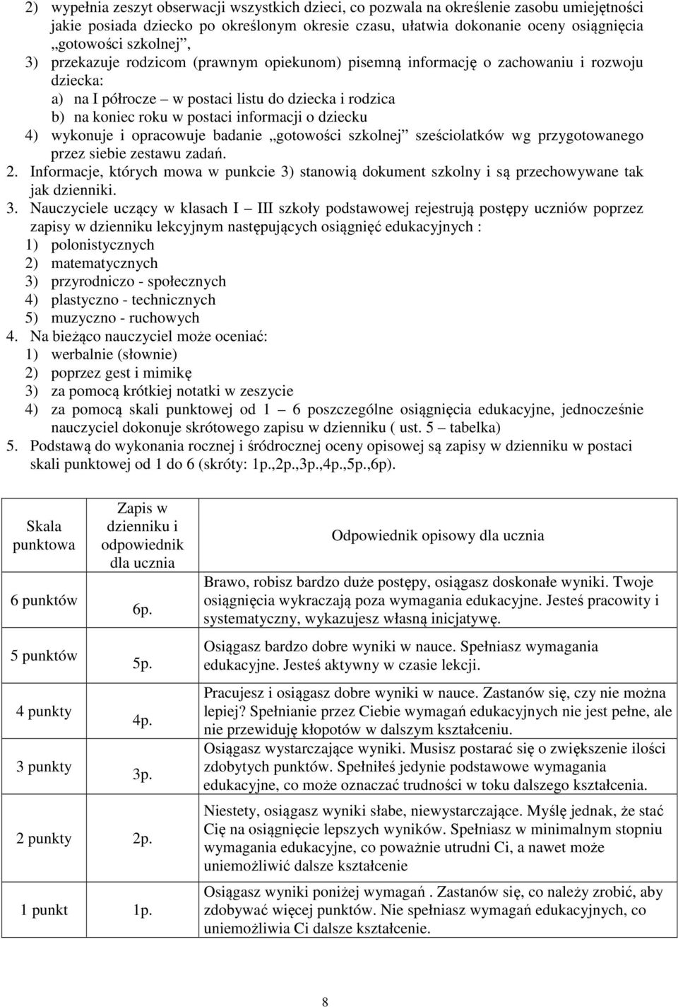 dziecku 4) wykonuje i opracowuje badanie gotowości szkolnej sześciolatków wg przygotowanego przez siebie zestawu zadań. 2.