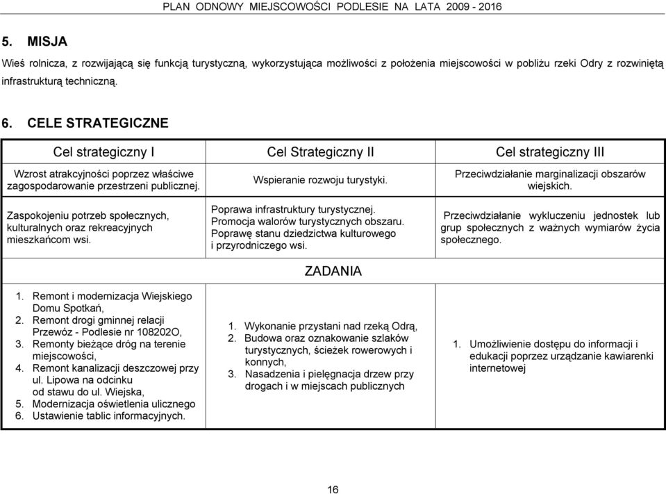 Zaspokojeniu potrzeb społecznych, kulturalnych oraz rekreacyjnych mieszkańcom wsi. 1. Remont i modernizacja Wiejskiego Domu Spotkań, 2. Remont drogi gminnej relacji Przewóz - Podlesie nr 108202O, 3.