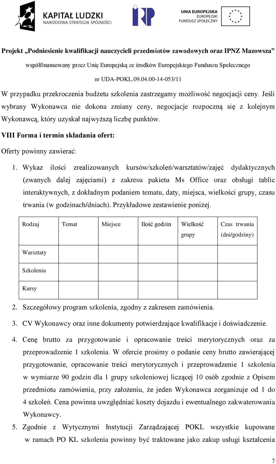 Wykaz ilości zrealizowanych kursów/szkoleń/warsztatów/zajęć dydaktycznych (zwanych dalej zajęciami) z zakresu pakietu Ms Office oraz obsługi tablic interaktywnych, z dokładnym podaniem tematu, daty,