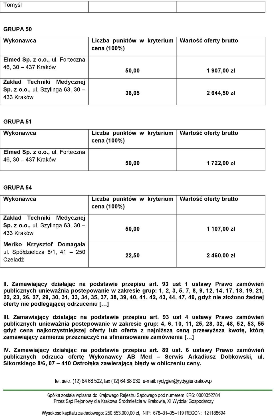 44, 47, 49, gdyż nie złożono żadnej oferty nie podlegającej odrzuceniu [ ] III. Zamawiający działając na podstawie przepisu art.