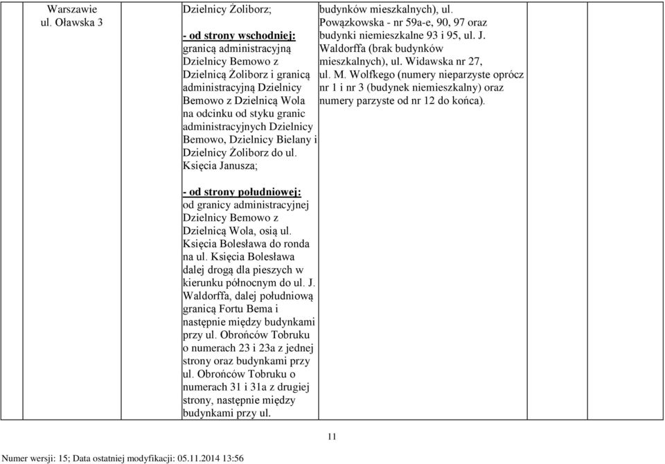 Wolfkego (numery nieparzyste oprócz administracyjną Dzielnicy nr 1 i nr 3 (budynek niemieszkalny) oraz Bemowo z Dzielnicą Wola numery parzyste od nr 12 do końca).