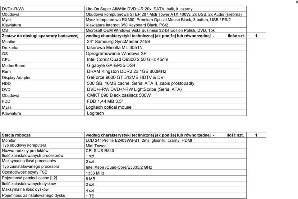 Internet 350 Keyboard Black, PS/2 OS Microsoft OEM Windows Vista Business 32-bit Edition Polish, DVD, 1pk Zestaw do obsługi aparatury badawczej według charakterystyki technicznej jak poniżej lub