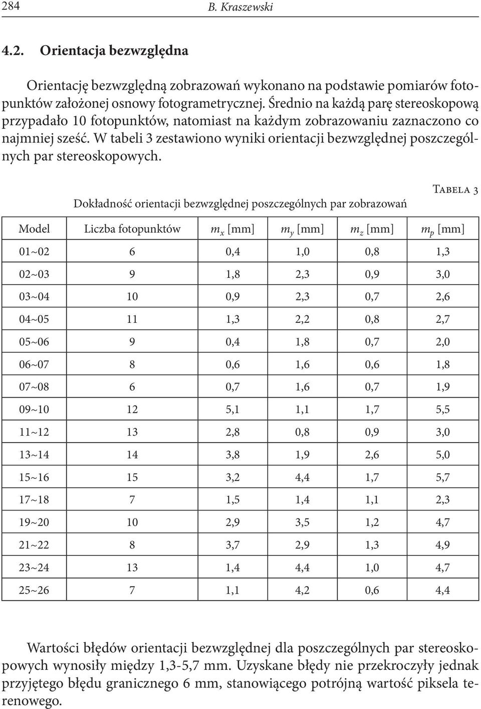 W tabeli 3 zestawiono wyniki orientacji bezwzględnej poszczególnych par stereoskopowych.