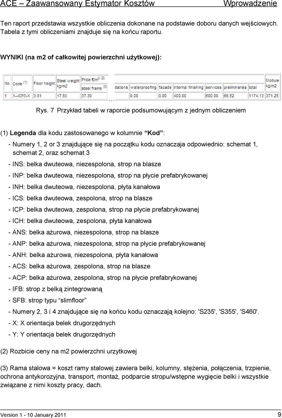 7 Przykład tabeli w raporcie podsumowującym z jednym obliczeniem (1) Legenda dla kodu zastosowanego w kolumnie Kod : - Numery 1, 2 or 3 znajdujące się na początku kodu oznaczaja odpowiednio: schemat