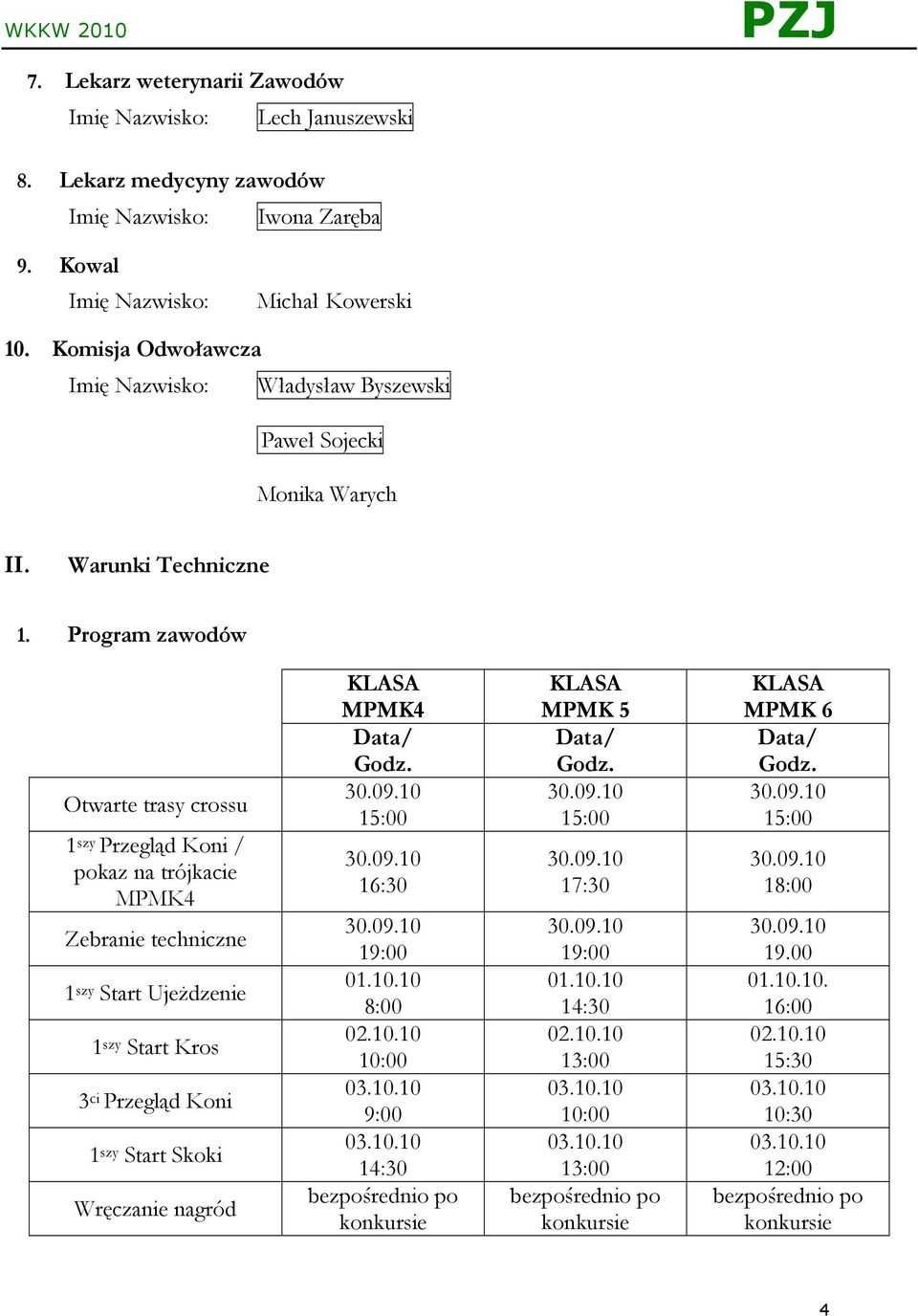 Program zawodów Otwarte trasy crossu 1 szy Przegląd Koni / pokaz na trójkacie MPMK4 Zebranie techniczne 1 szy Start Ujeżdzenie 1 szy Start Kros 3 ci Przegląd Koni 1 szy Start Skoki