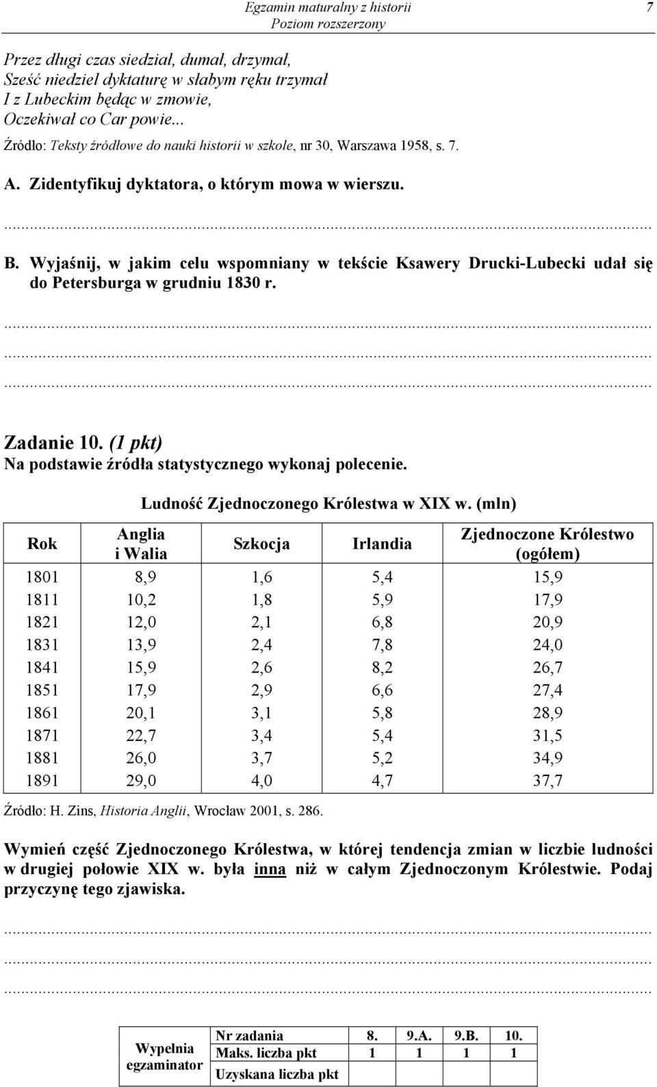 Wyjaśnij, w jakim celu wspomniany w tekście Ksawery Drucki-Lubecki udał się do Petersburga w grudniu 1830 r. Zadanie 10. (1 pkt) Na podstawie źródła statystycznego wykonaj polecenie.