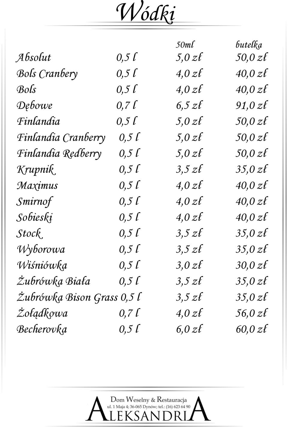 zł 40,0 zł Smirnof 0,5 l 4,0 zł 40,0 zł Sobieski 0,5 l 4,0 zł 40,0 zł Stock 0,5 l 3,5 zł 35,0 zł Wyborowa 0,5 l 3,5 zł 35,0 zł Wiśniówka 0,5 l 3,0