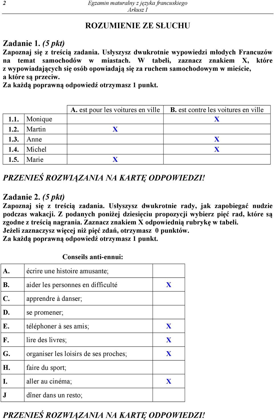 est pour les voitures en ville B. est contre les voitures en ville 1.1. Monique X 1.2. Martin X 1.3. Anne X 1.4. Michel X 1.5. Marie X Zadanie 2. (5 pkt) Zapoznaj się z treścią zadania.