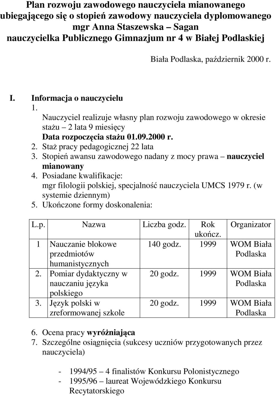 Stopień awansu zawodowego nadany z mocy prawa nauczyciel mianowany 4. Posiadane kwalifikacje: mgr filologii polskiej, specjalność nauczyciela UMCS 1979 r. (w systemie dziennym) 5.