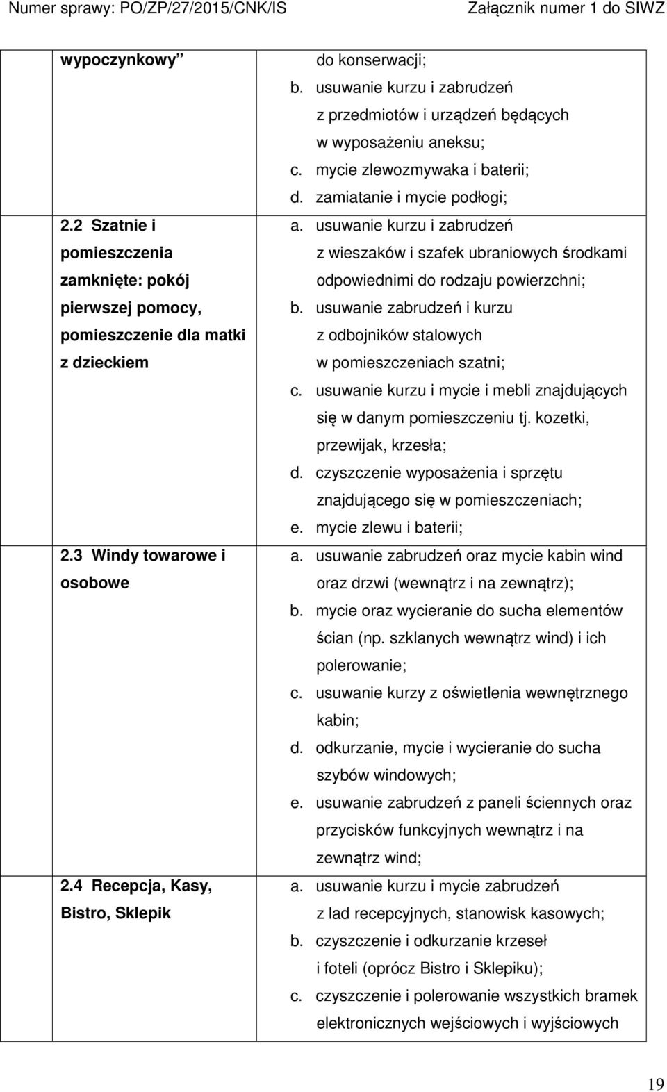 usuwanie kurzu i zabrudzeń z wieszaków i szafek ubraniowych środkami odpowiednimi do rodzaju powierzchni; b. usuwanie zabrudzeń i kurzu z odbojników stalowych w pomieszczeniach szatni; c.