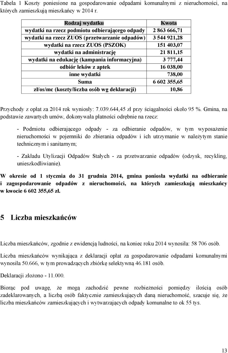 administrację 21 811,15 wydatki na edukację (kampania informacyjna) 3 777,44 odbiór leków z aptek 16 038,00 inne wydatki 738,00 Suma 6 602 355,65 zł/os/mc (koszty/liczba osób wg deklaracji) 10,86