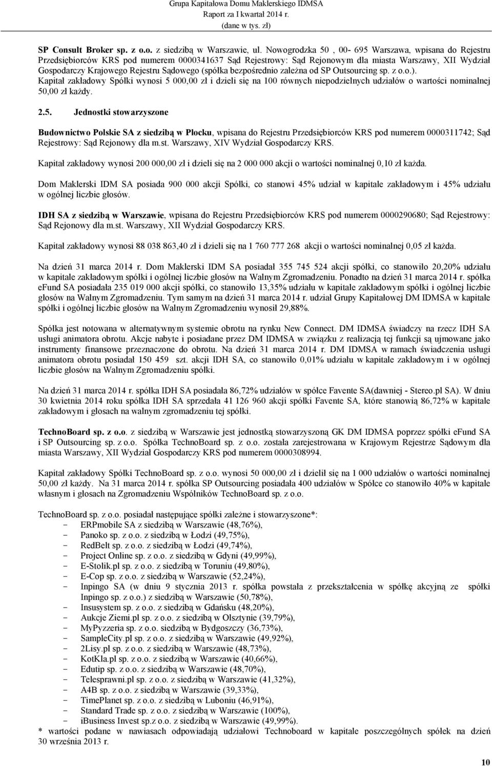 (spółka bezpośrednio zaleŝna od SP Outsourcing sp. z o.o.). Kapitał zakładowy Spółki wynosi 5 