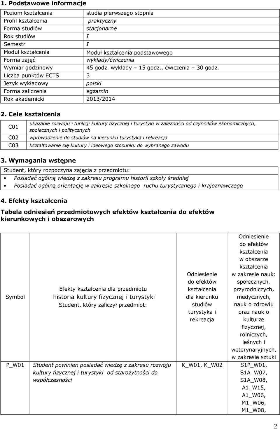 Cele kształcenia C01 C02 C03 ukazanie rozwoju i funkcji kultury fizycznej i turystyki w zależności od czynników ekonomicznych, społecznych i politycznych wprowadzenie do studiów na kierunku turystyka